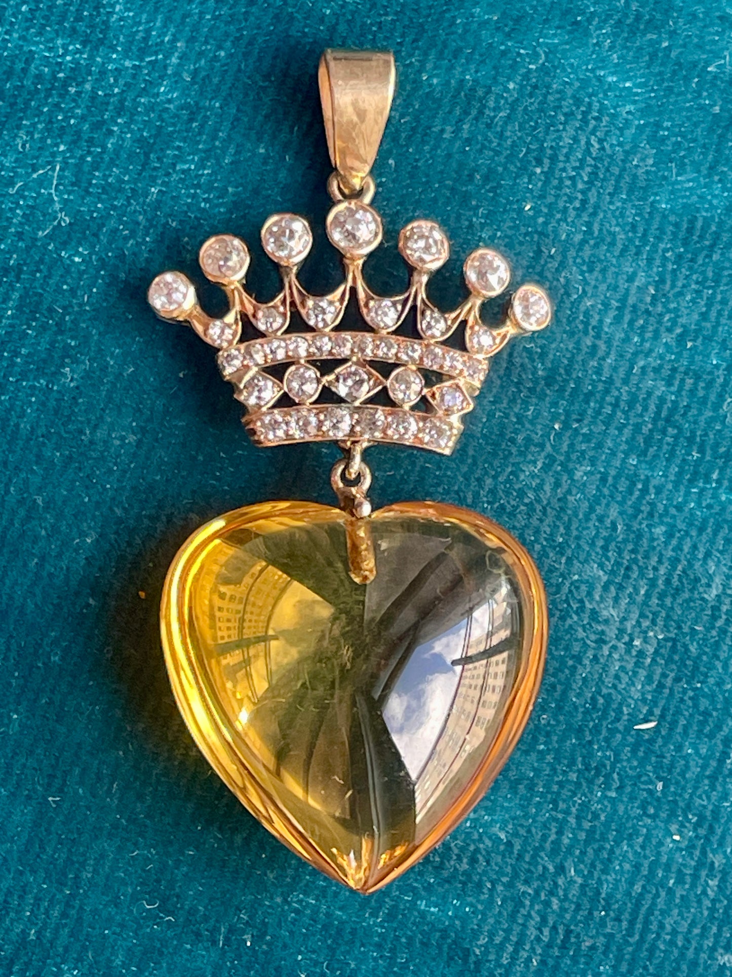 Antique Diamond Crowned Topaz Heart 15k Gold Pendant