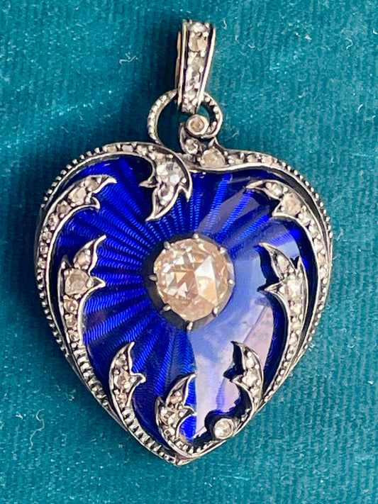 Antique Georgian Diamond and Guilloché Blue Enamel Heart Silver-Over-14k Gold Pendant