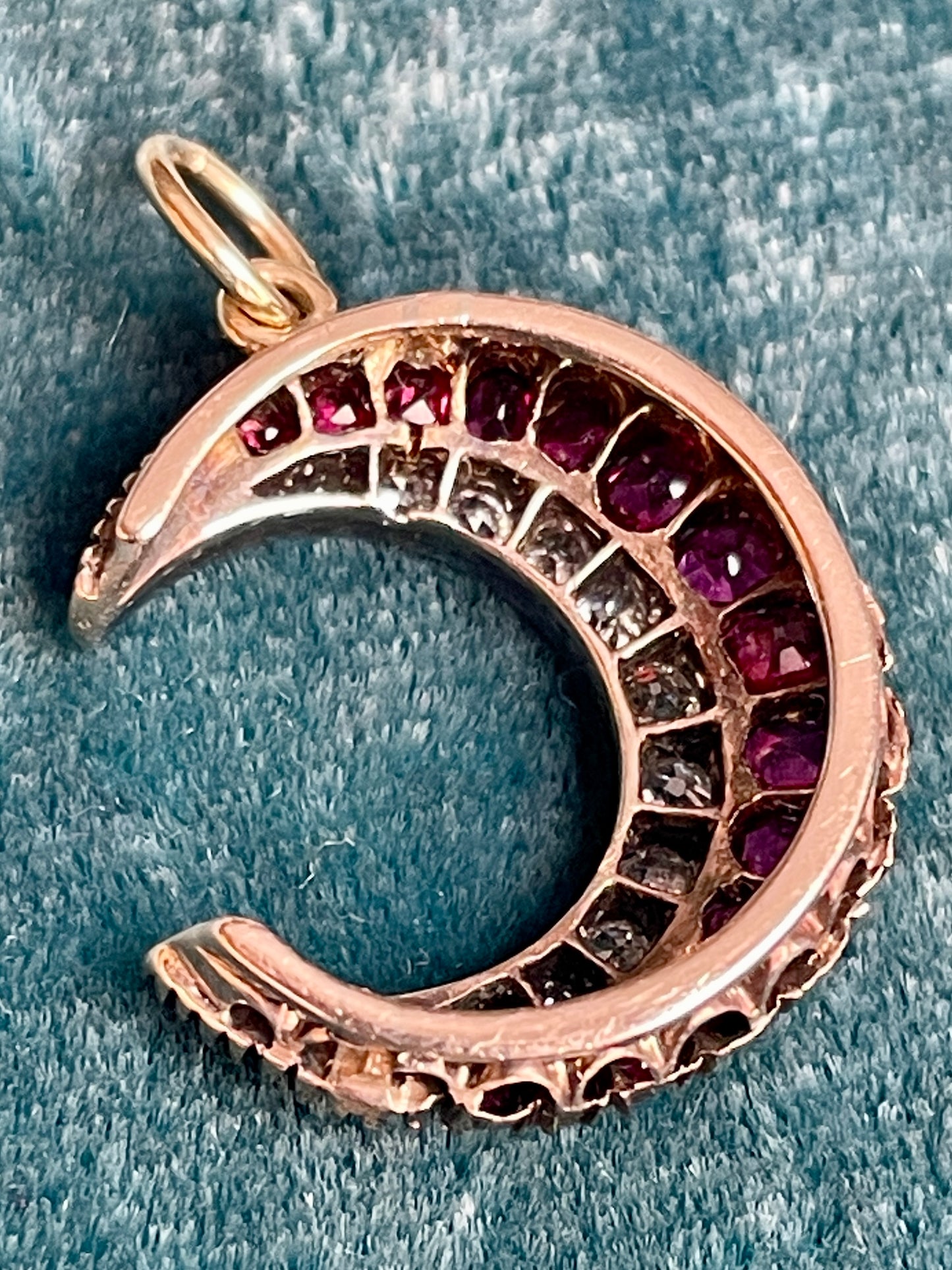 Antique Victorian Double Row Ruby and Diamond Crescent 15k Gold Pendant