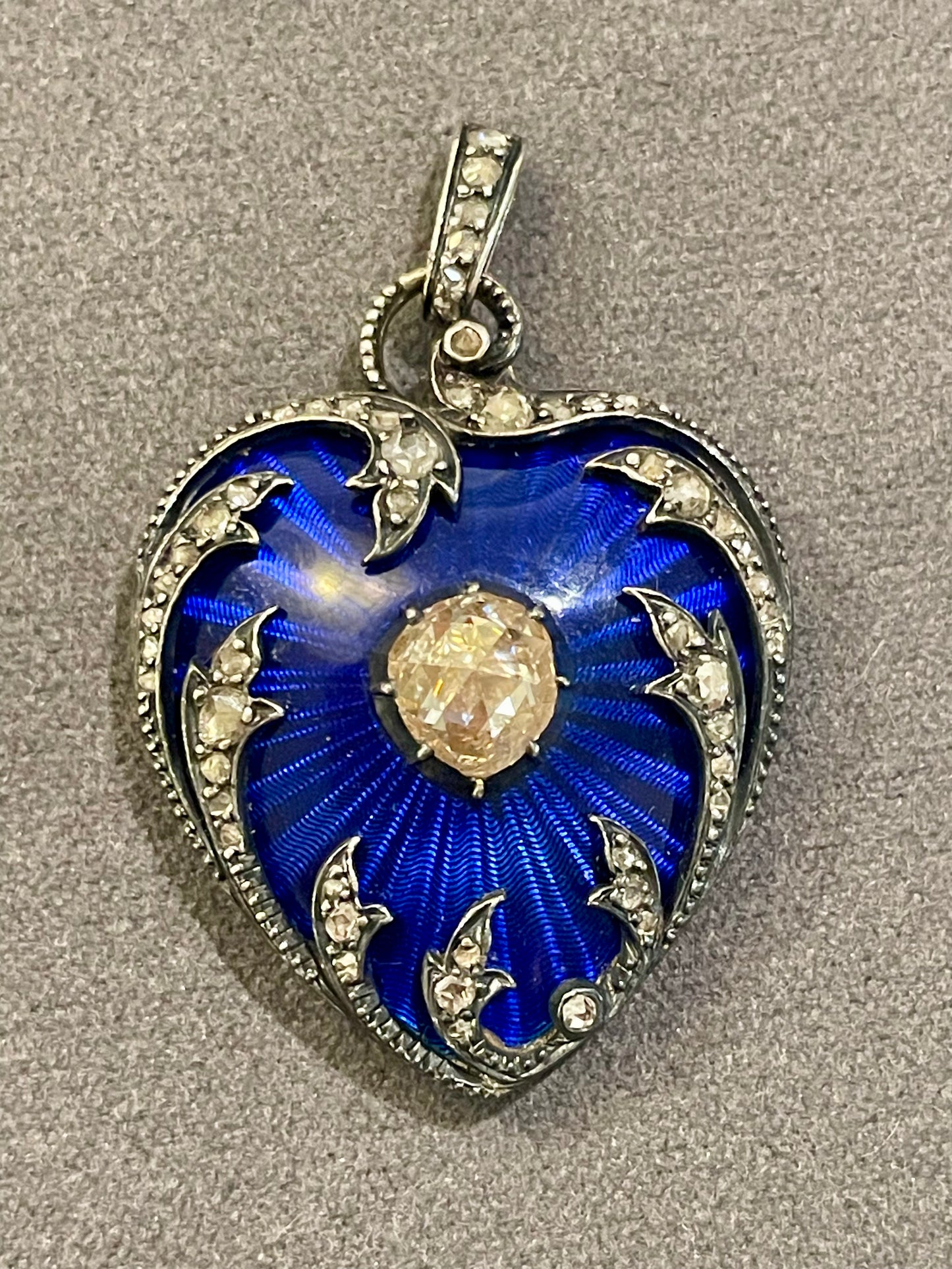 Antique Georgian Diamond and Guilloché Blue Enamel Heart Silver-Over-14k Gold Pendant