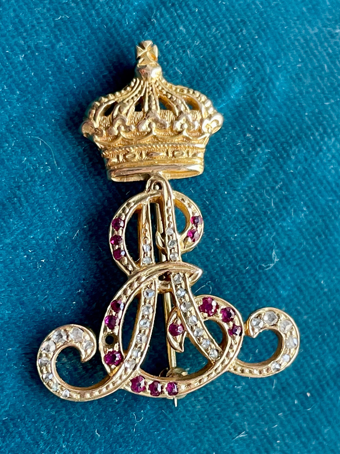 Antique Georgian Diamond and Ruby  Crowned "EA" Monogram 18k Gold Pendant and Brooch