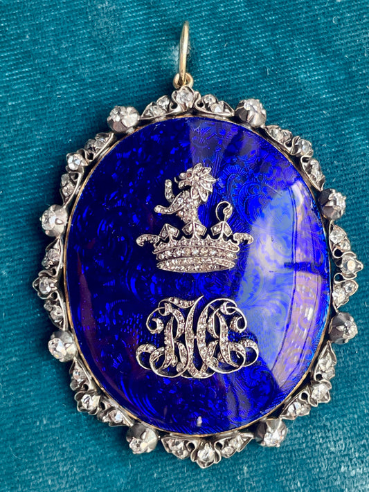 Antique Victorian Guilloché Enamel and Diamond "RHL" Monogram Cipher Silver-Over-18k Gold Pendant