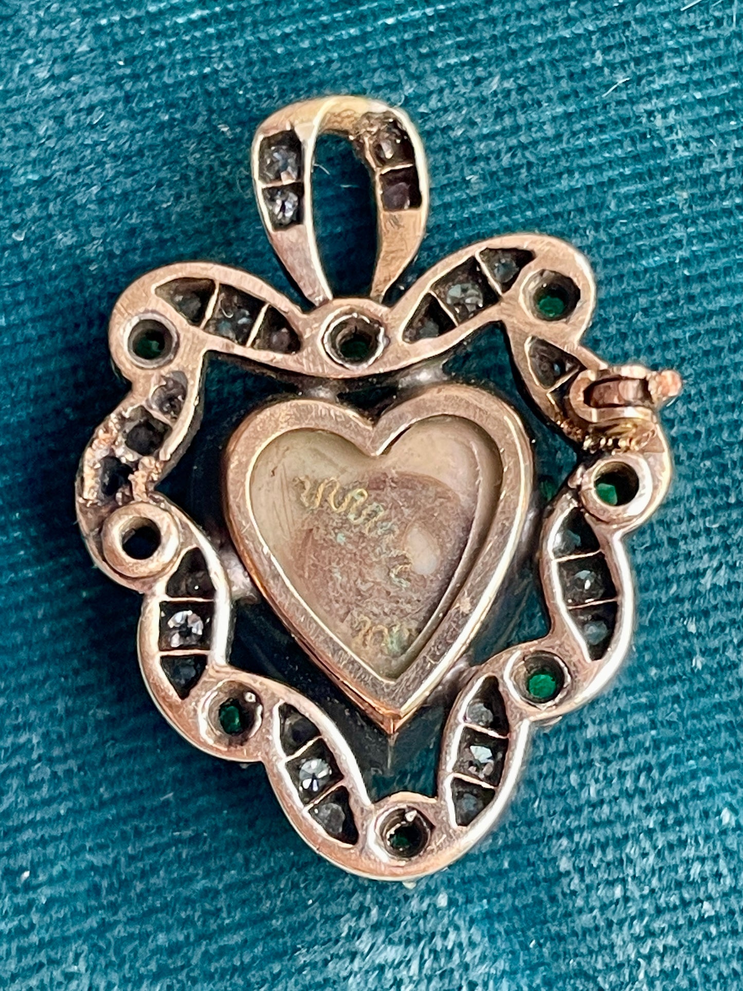 Antique Victorian Emerald and Diamond 18k Gold Ornate Heart Pendant