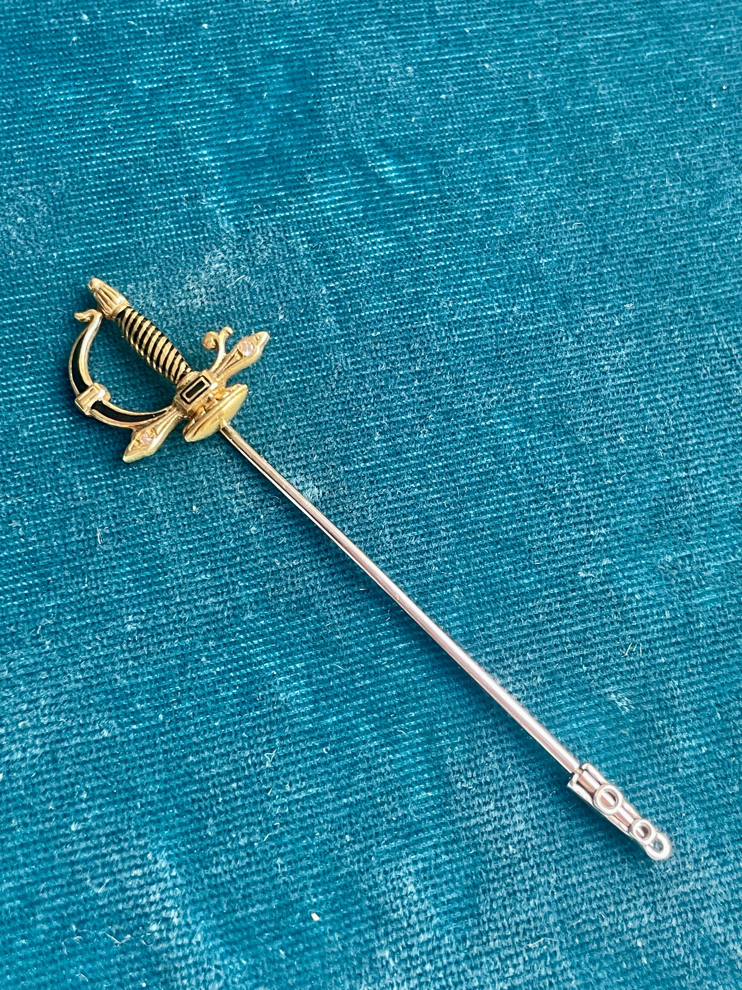 Antique Victorian Black Enamel and Diamond Jabot Sword 14k Gold Pin