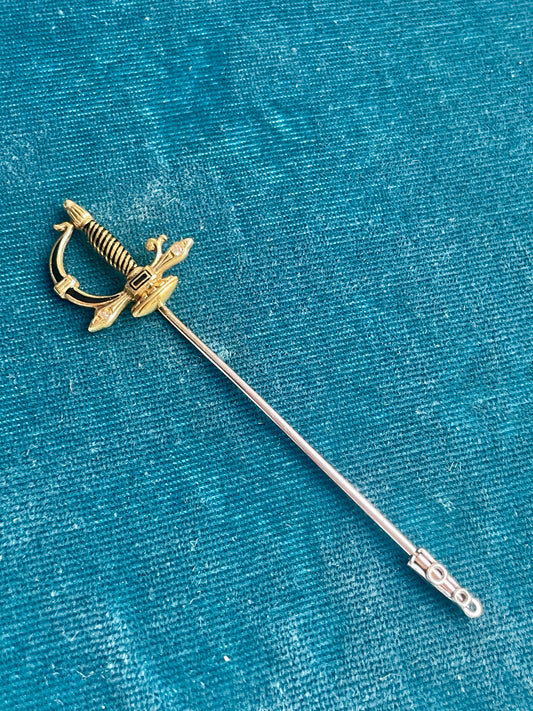 Antique Victorian Black Enamel and Diamond Jabot Sword 14k Gold Pin