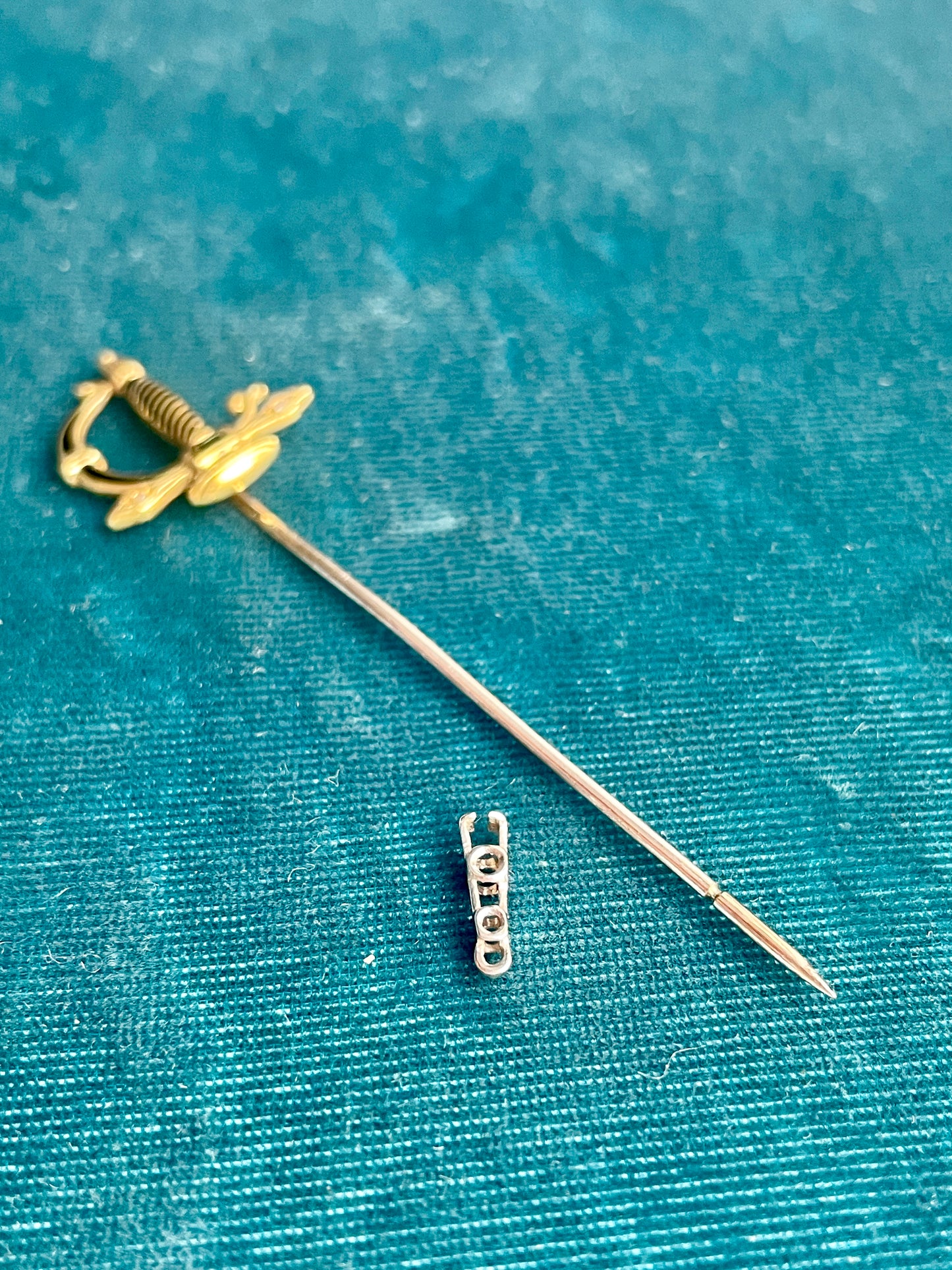 Antique Victorian Black Enamel and Diamond Jabot Sword 14k Gold Pin