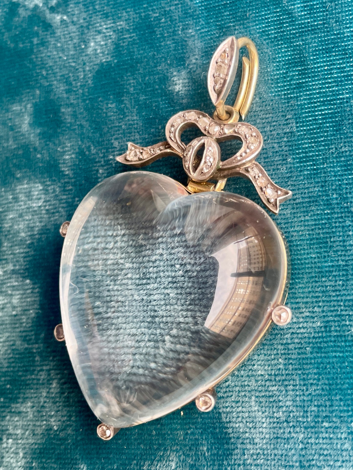 Antique French Diamond Accent Bow and Rock Crystal 14k Gold Locket