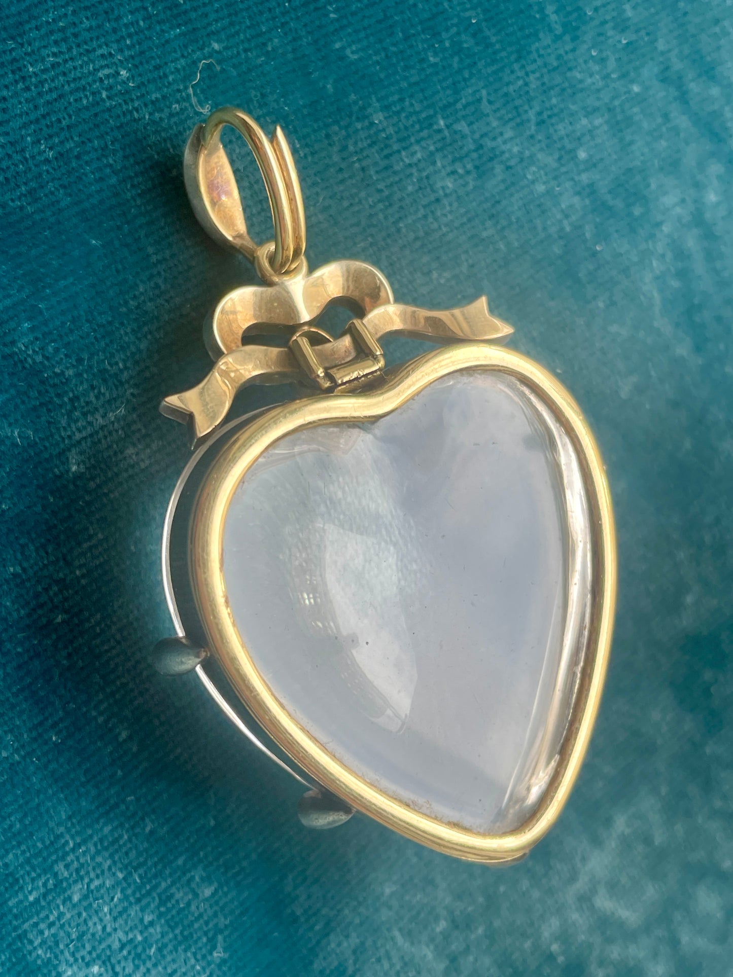 Antique French Diamond Accent Bow and Rock Crystal 14k Gold Locket