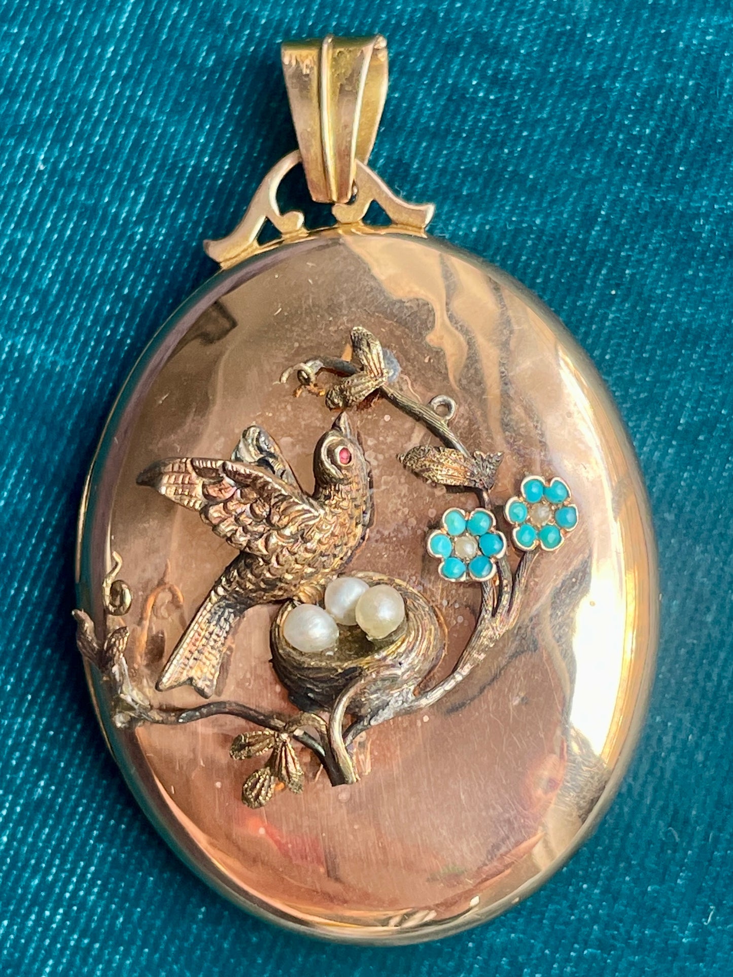 Antique European Seed Pearl and Turquoise "Bird on Nest" 18k Gold Locket