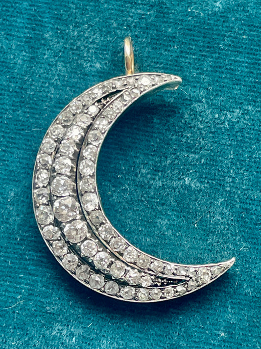 Antique Victorian Triple Row Diamond Crescent Silver-Over-18k Gold Pendant