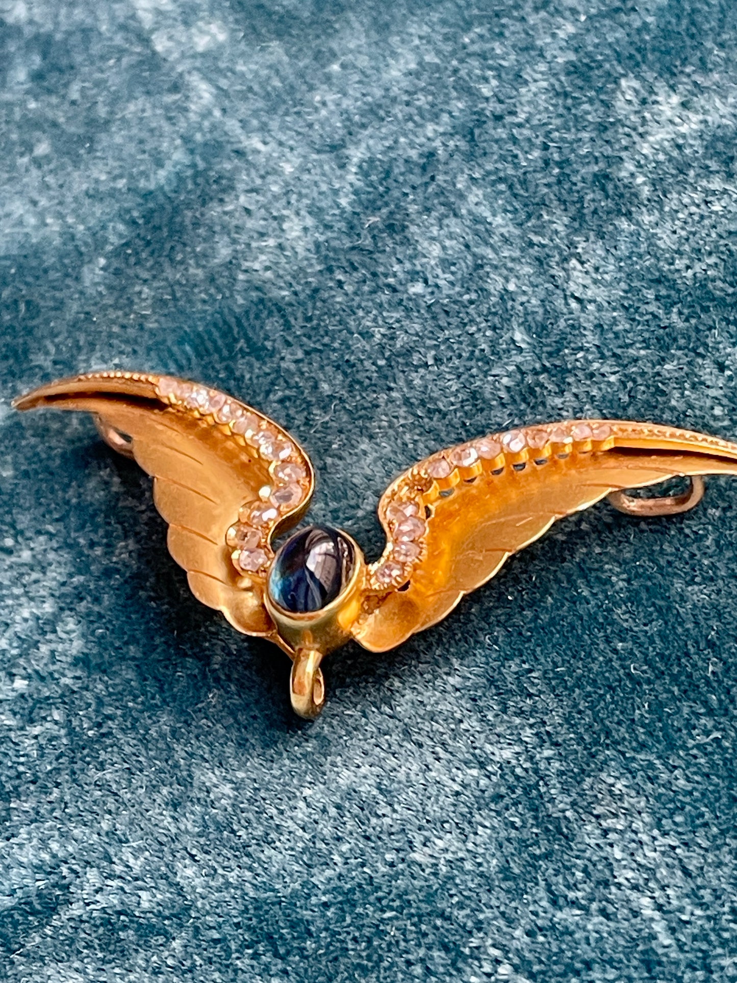 Antique Victorian Diamond and Sapphire Cabochon Psyche Wings 18k Gold Pendant