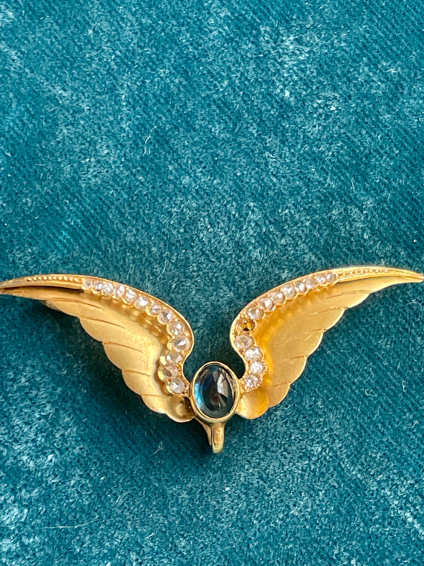 Antique Victorian Diamond and Sapphire Cabochon Psyche Wings 18k Gold Pendant