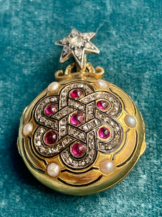 Antique French Diamond, Ruby and Pearl 18k Gold Vinaigrette Locket Pendant