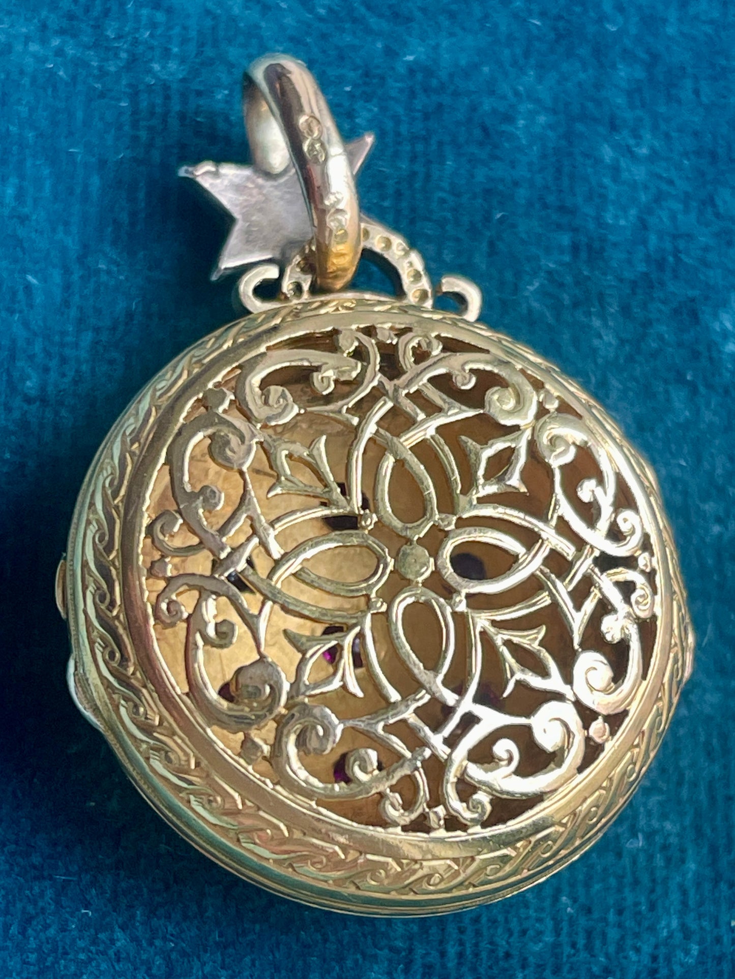 Antique Victorian Diamond, Ruby and Pearl 18k Gold Vinaigrette Locket and Diamond Star Bale