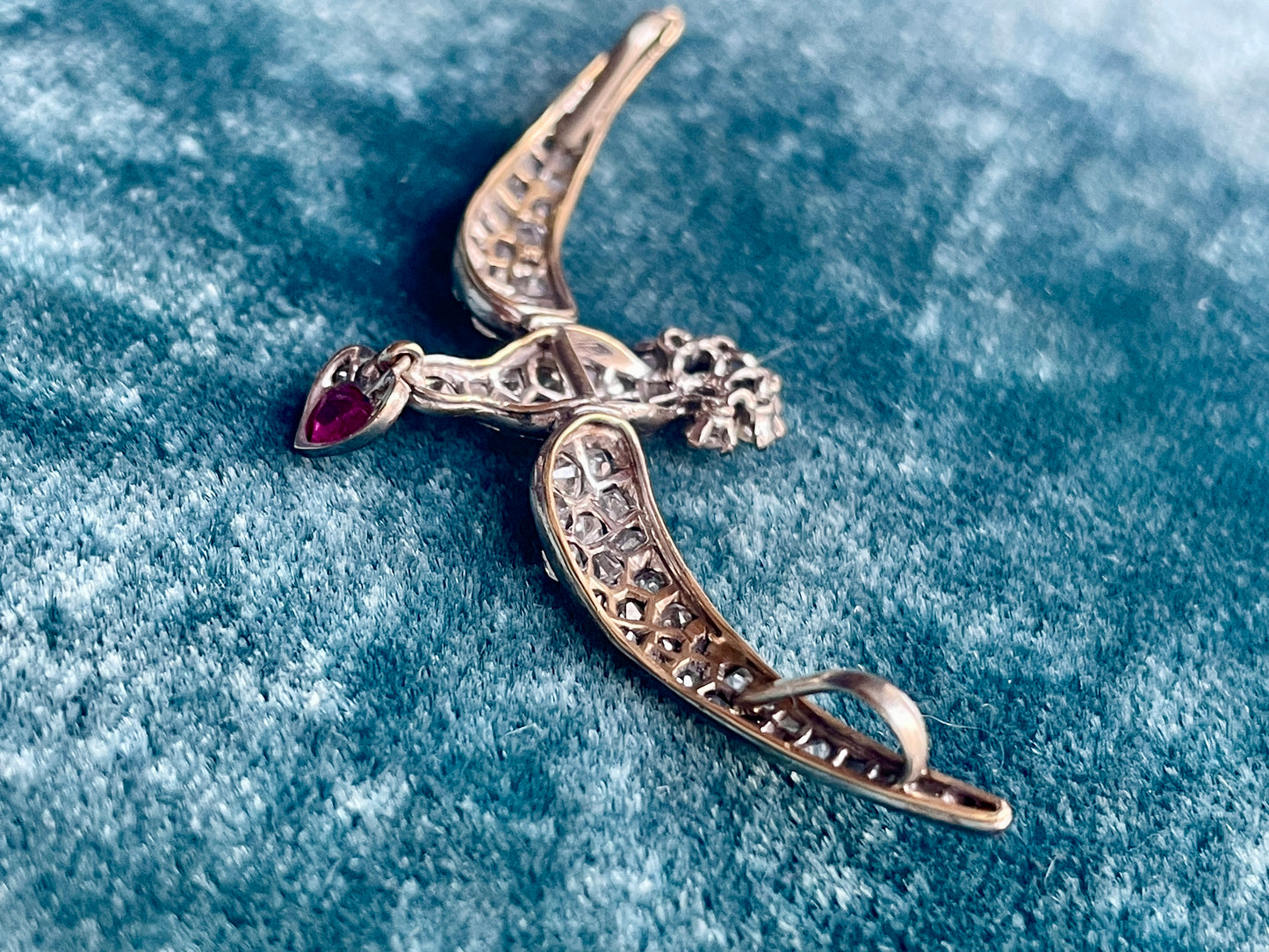 Antique Victorian Diamond and Ruby Swallow Silver-Over-18k Gold Pendant