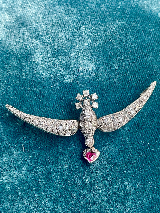 Antique Victorian Diamond and Ruby Swallow Silver-Over-18k Gold Pendant