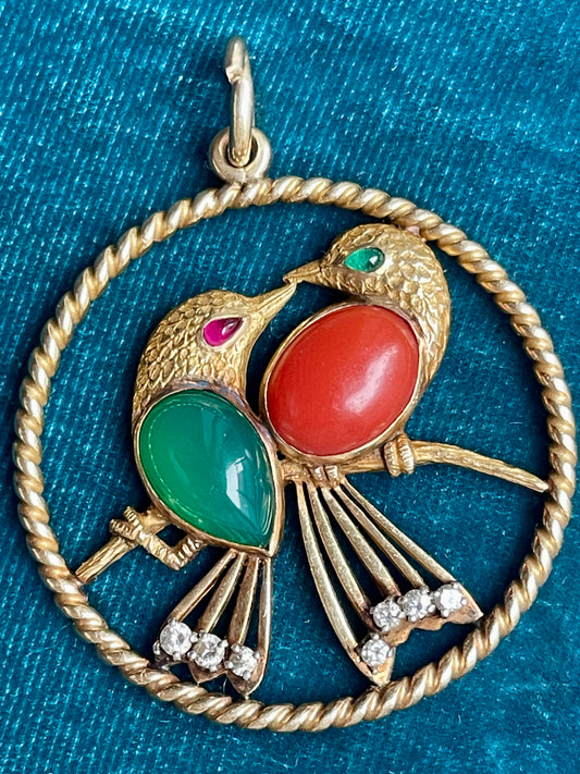 Cartier Multi-Gem Love Birds 14k Gold & Platinum Pendant