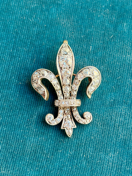 Antique French Diamond Fleur-De-Lis 18k Gold Pendant and Brooch