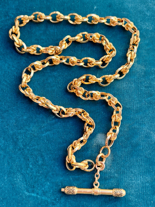 24" 18k Fancy Link Watch Chain w/ Ornate T-Bar