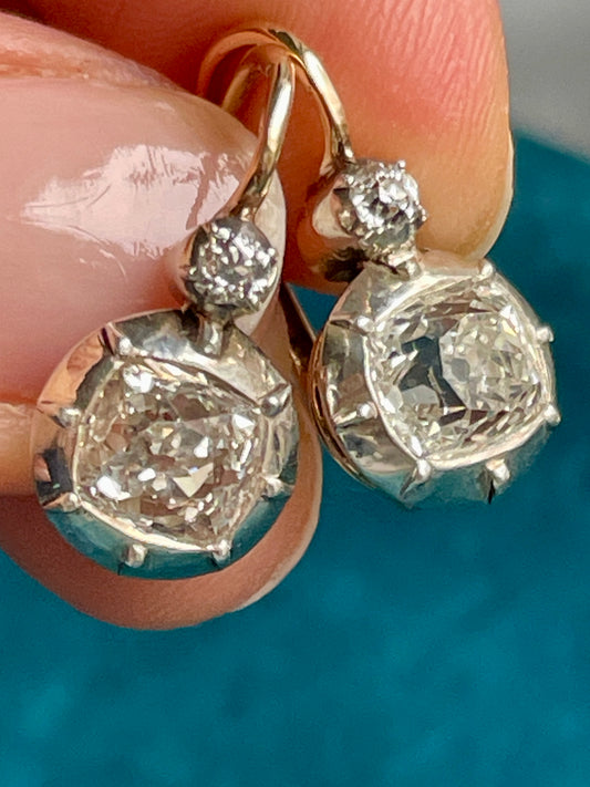 Antique French Dormeuse Diamond 18k Gold Earrings