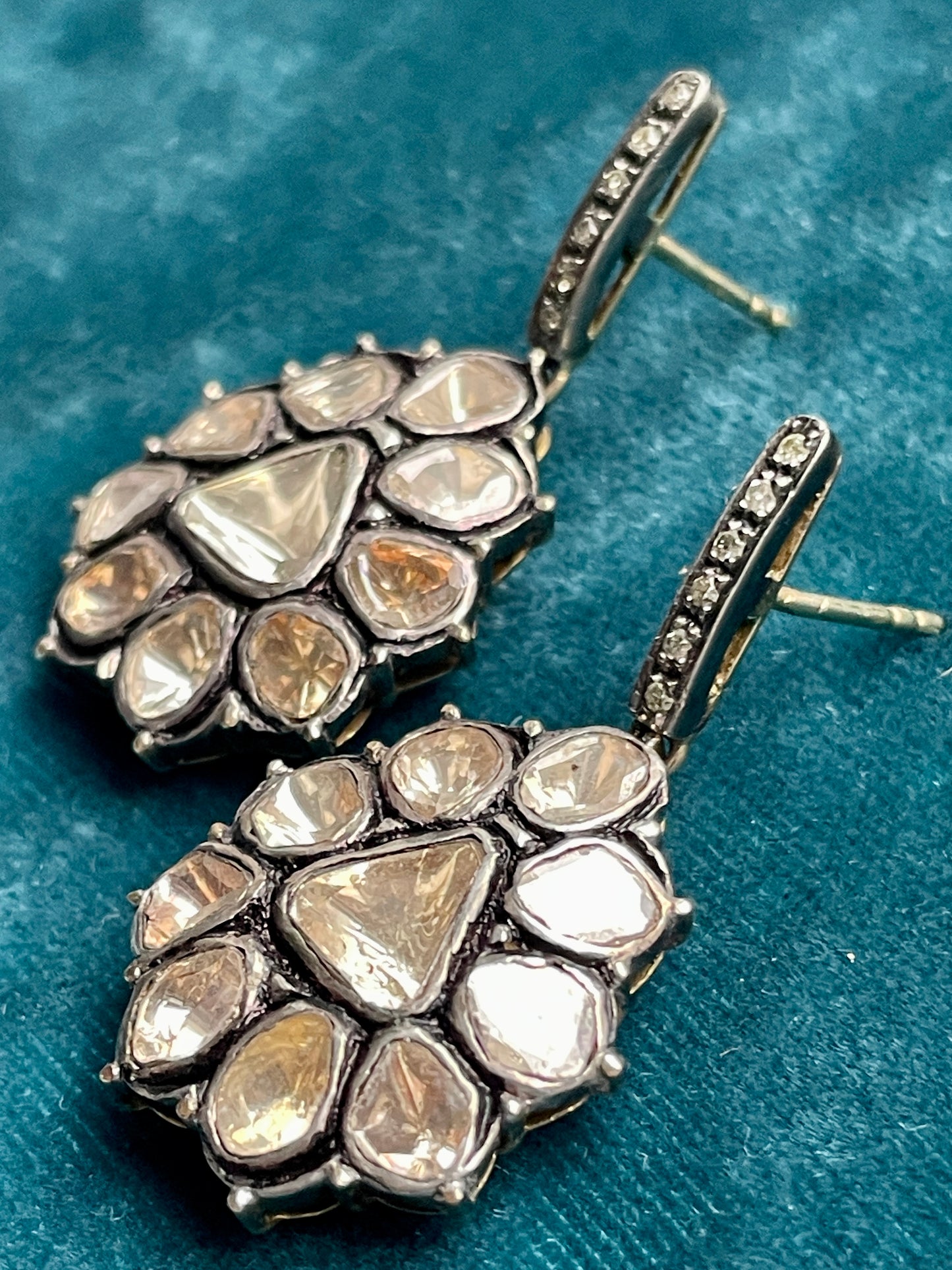 Indian Rose-Cut Diamond Silver-Over-18k Gold Drop Earrings