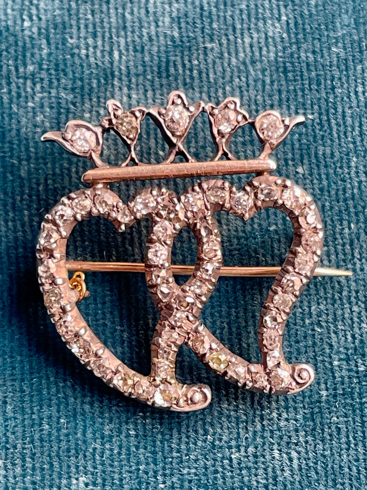 Antique Victorian Diamond Double Crowned Witch's Hearts Silver-Over-Gold Brooch