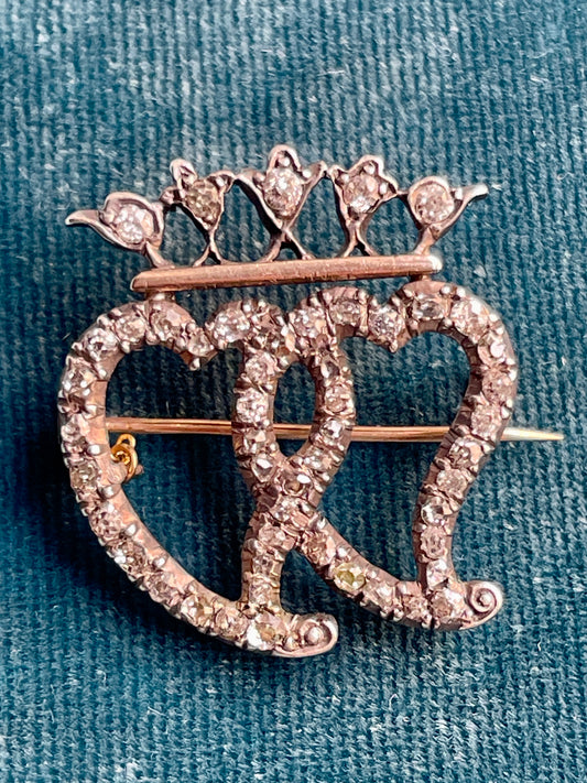 Antique Victorian Diamond Double Crowned Witch's Hearts Silver-Over-Gold Brooch
