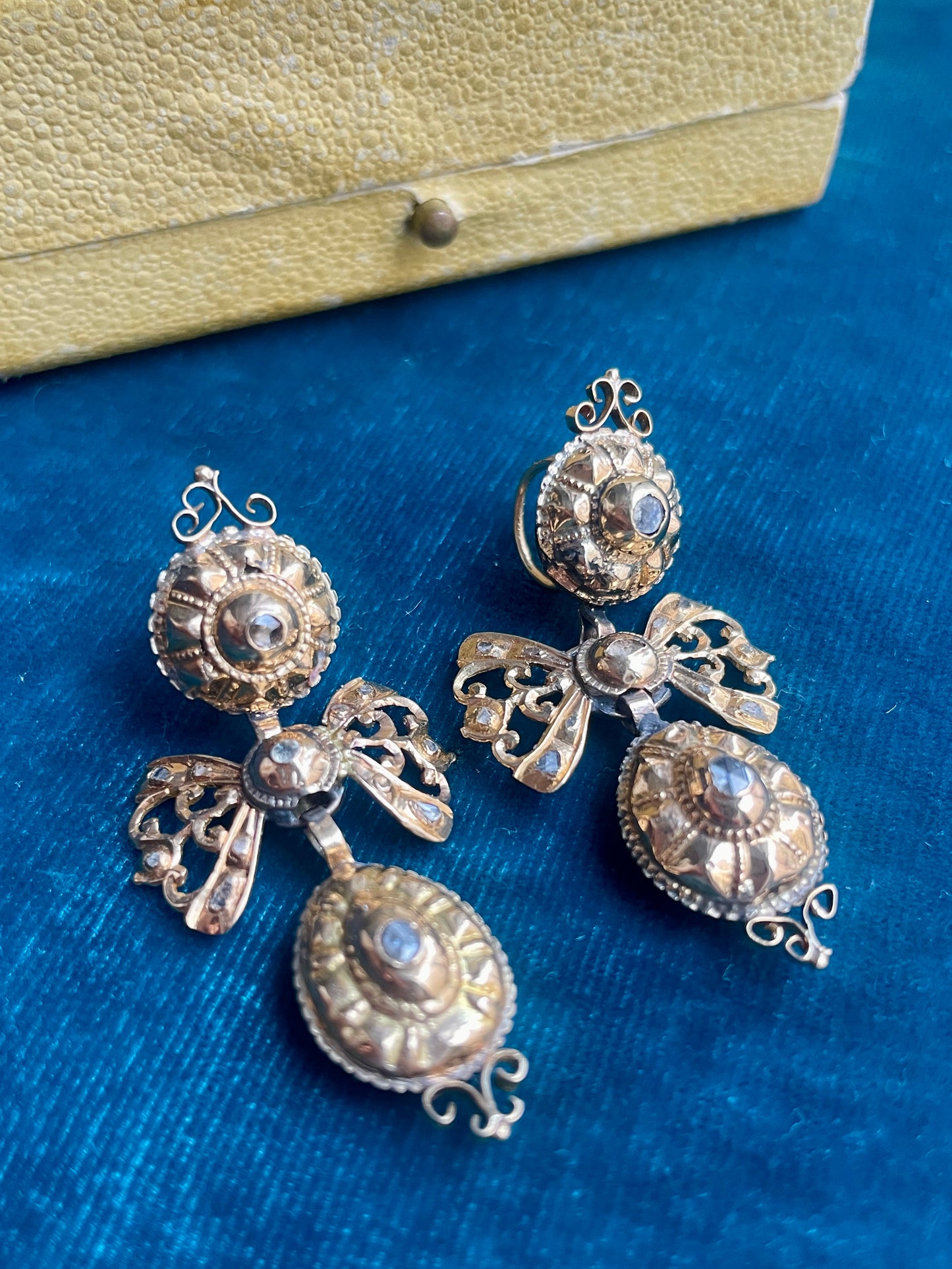 Antique Iberian Diamond Pendeloque Drop 18k Gold Earrings