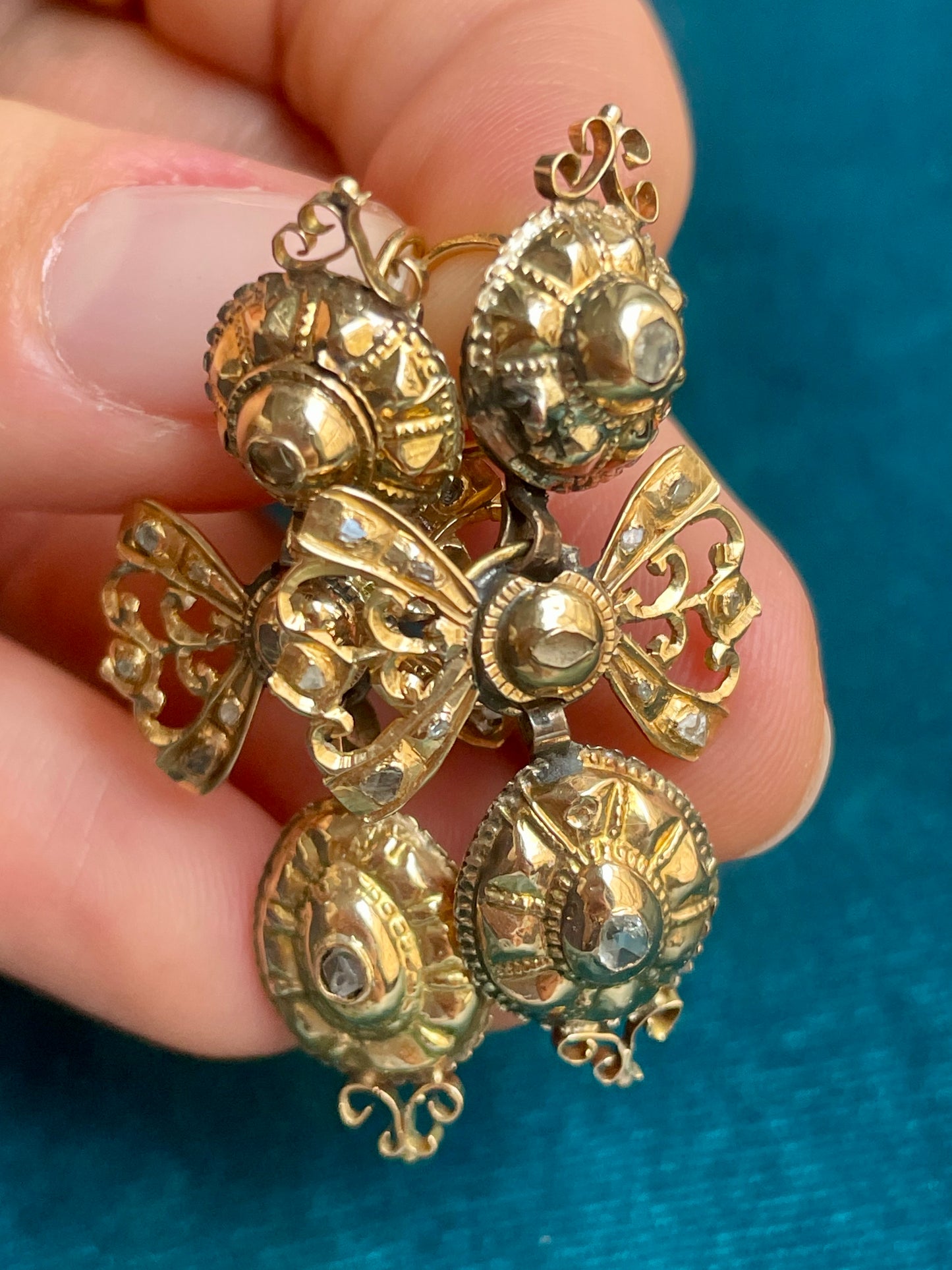 Antique Iberian Diamond Pendeloque Drop 18k Gold Earrings
