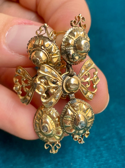 Antique Iberian Diamond Pendeloque Drop 18k Gold Earrings