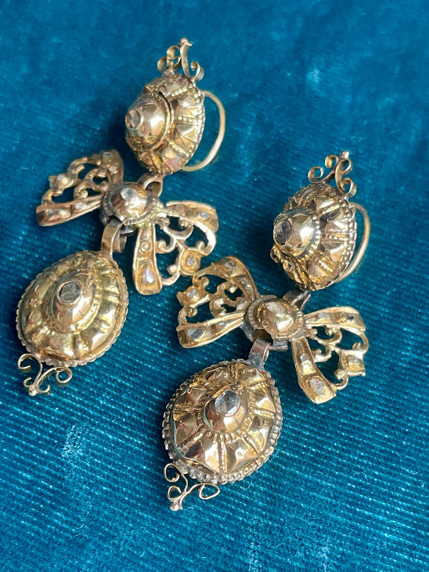 Antique Iberian Diamond Pendeloque Drop 18k Gold Earrings