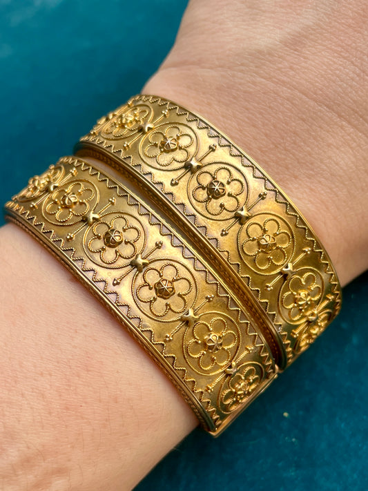 Antique Victorian Etruscan Revival "Day and Night" 14k Gold Wedding Bangles