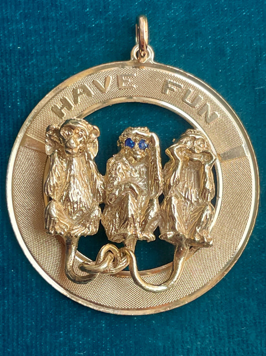 Mid-Century Three Monkey Sapphire Accent 14k Gold Pendant