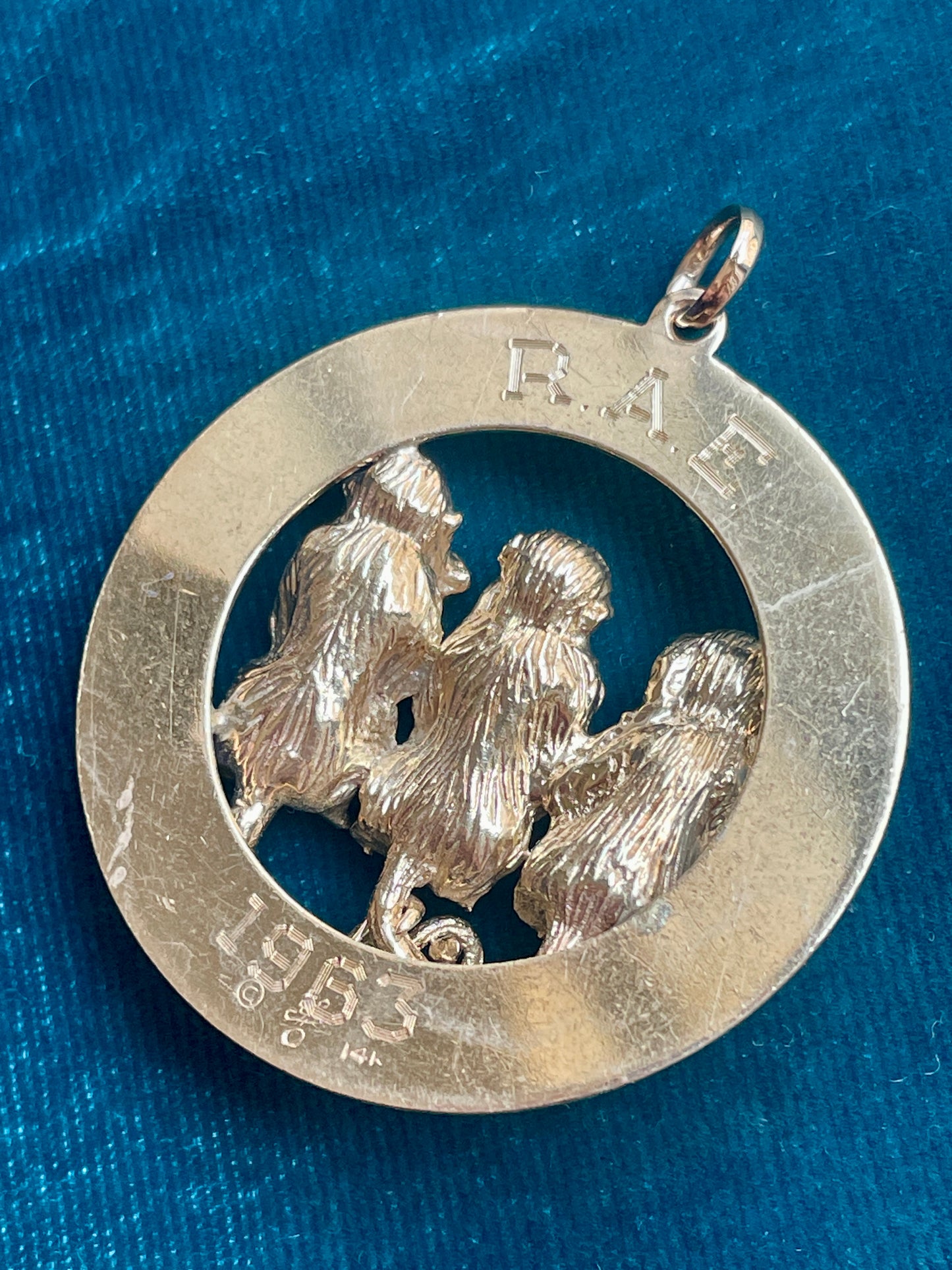 Mid-Century Three Monkey Sapphire Accent 14k Gold Pendant