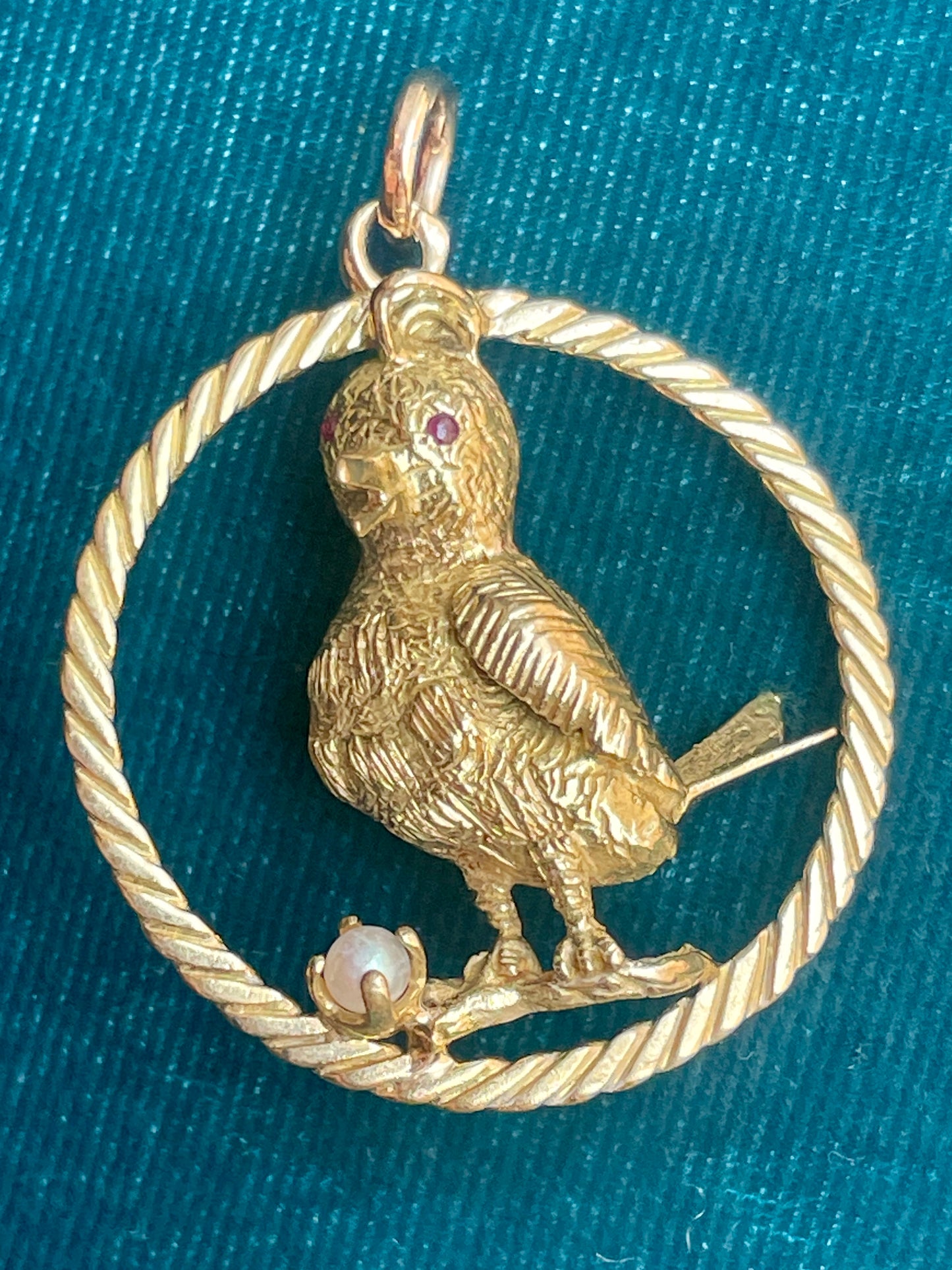 Mid-Century French "Bird on a Perch" with Pearl and Ruby Accents 18k Gold Pendant