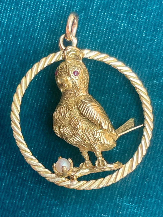 Mid-Century French "Bird on a Perch" with Pearl and Ruby Accents 18k Gold Pendant
