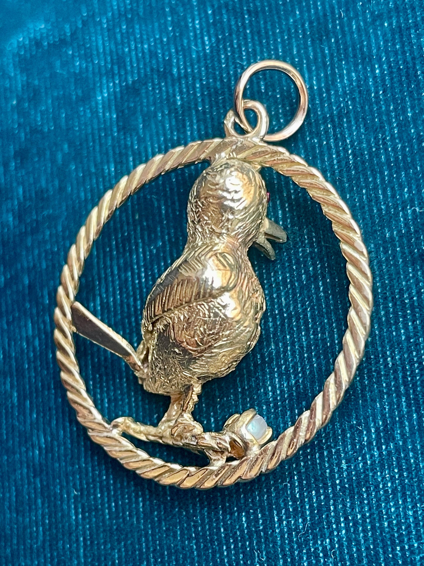 Mid-Century French "Bird on a Perch" with Pearl and Ruby Accents 18k Gold Pendant
