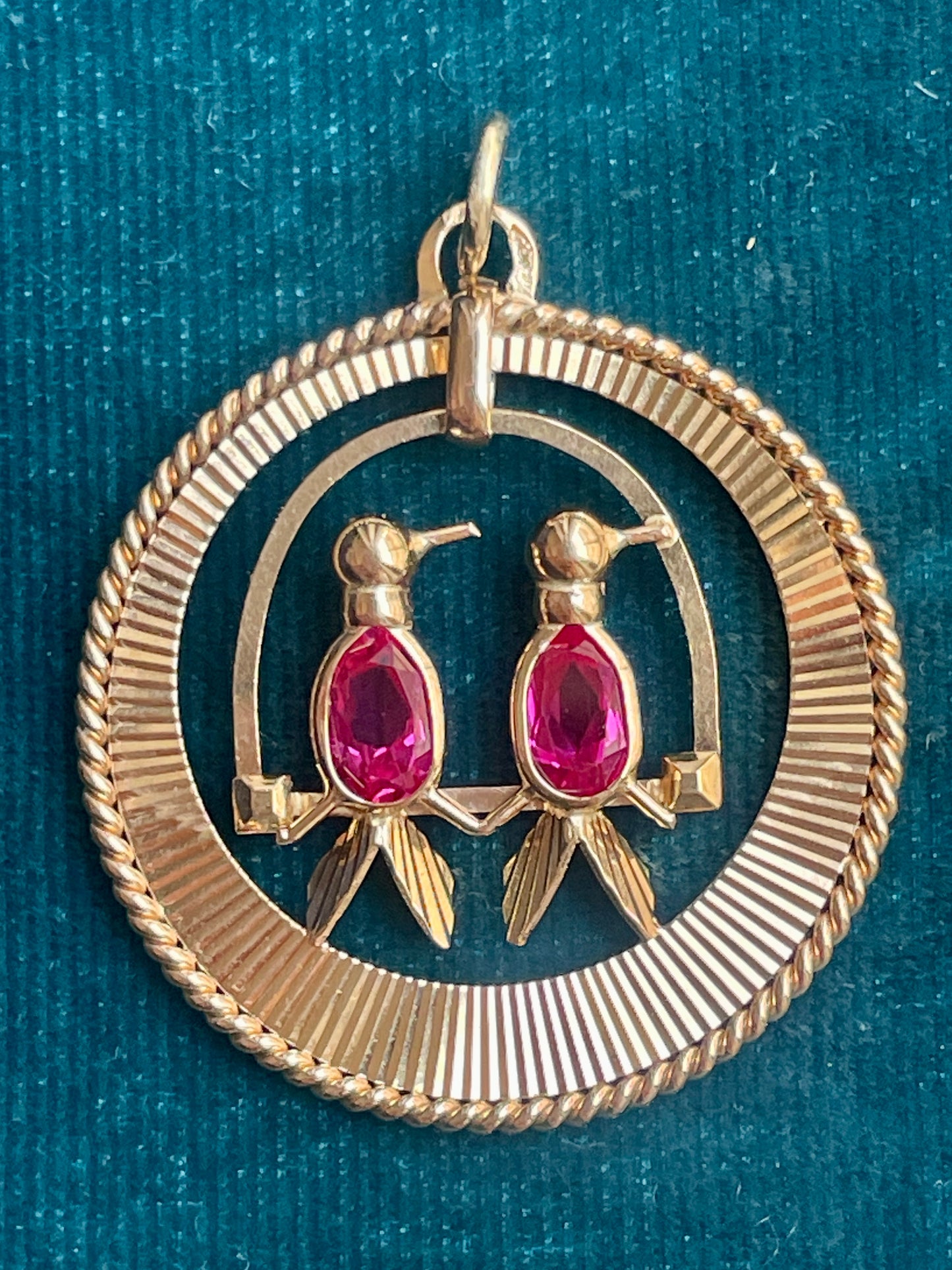 French Ruby Love Birds 18k Gold Pendant