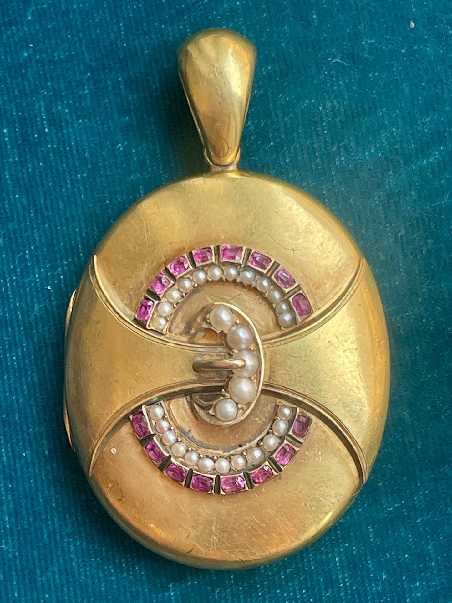 Antique Victorian Ruby and Seed Pearl Buckle and Garter 14k Gold Locket