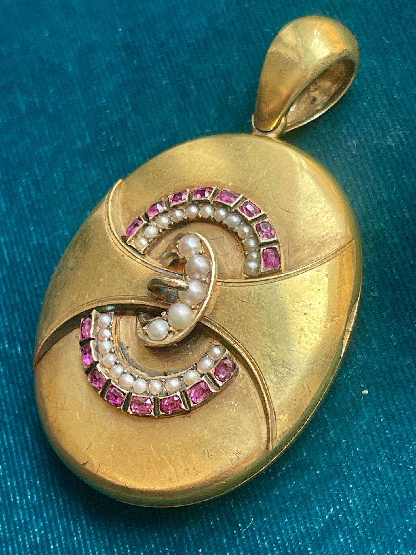 Antique Victorian Ruby and Seed Pearl Buckle and Garter 14k Gold Locket