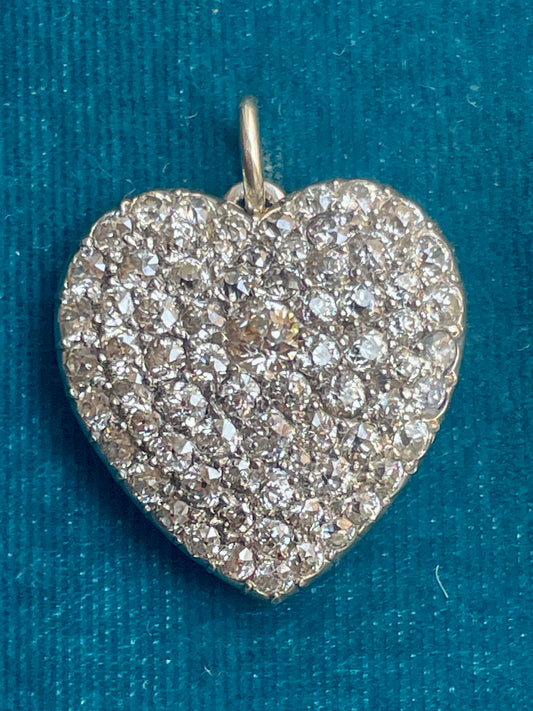 Art Deco Pave Diamond Heart 18k Gold and Platinum Pendant