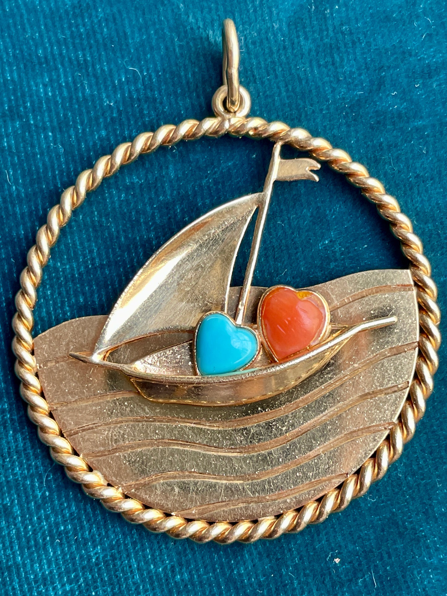 Mid-Century Turqoise Coral Accent 14k Gold Sailboat Pendant