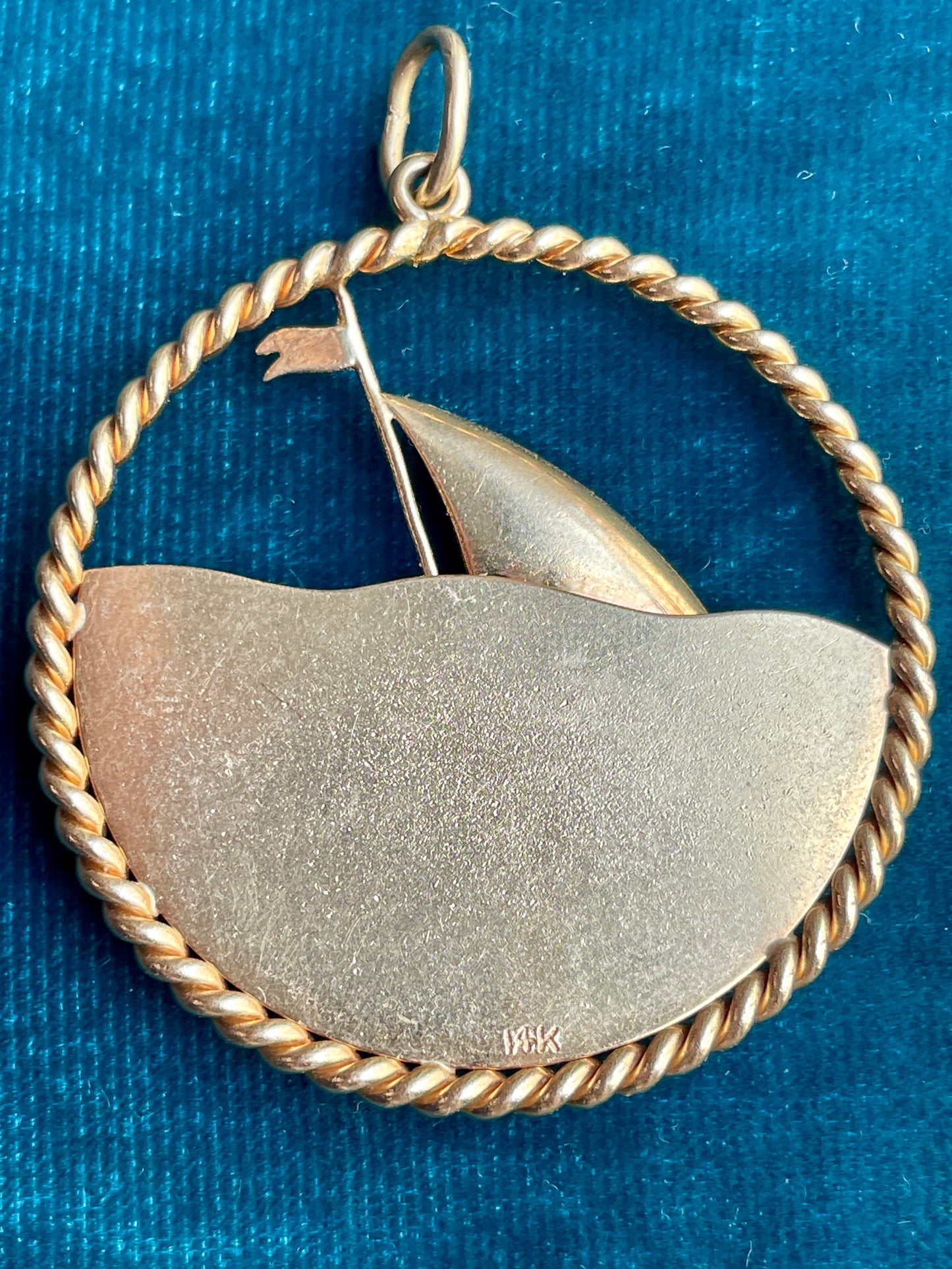 Mid-Century Turqoise Coral Accent 14k Gold Sailboat Pendant