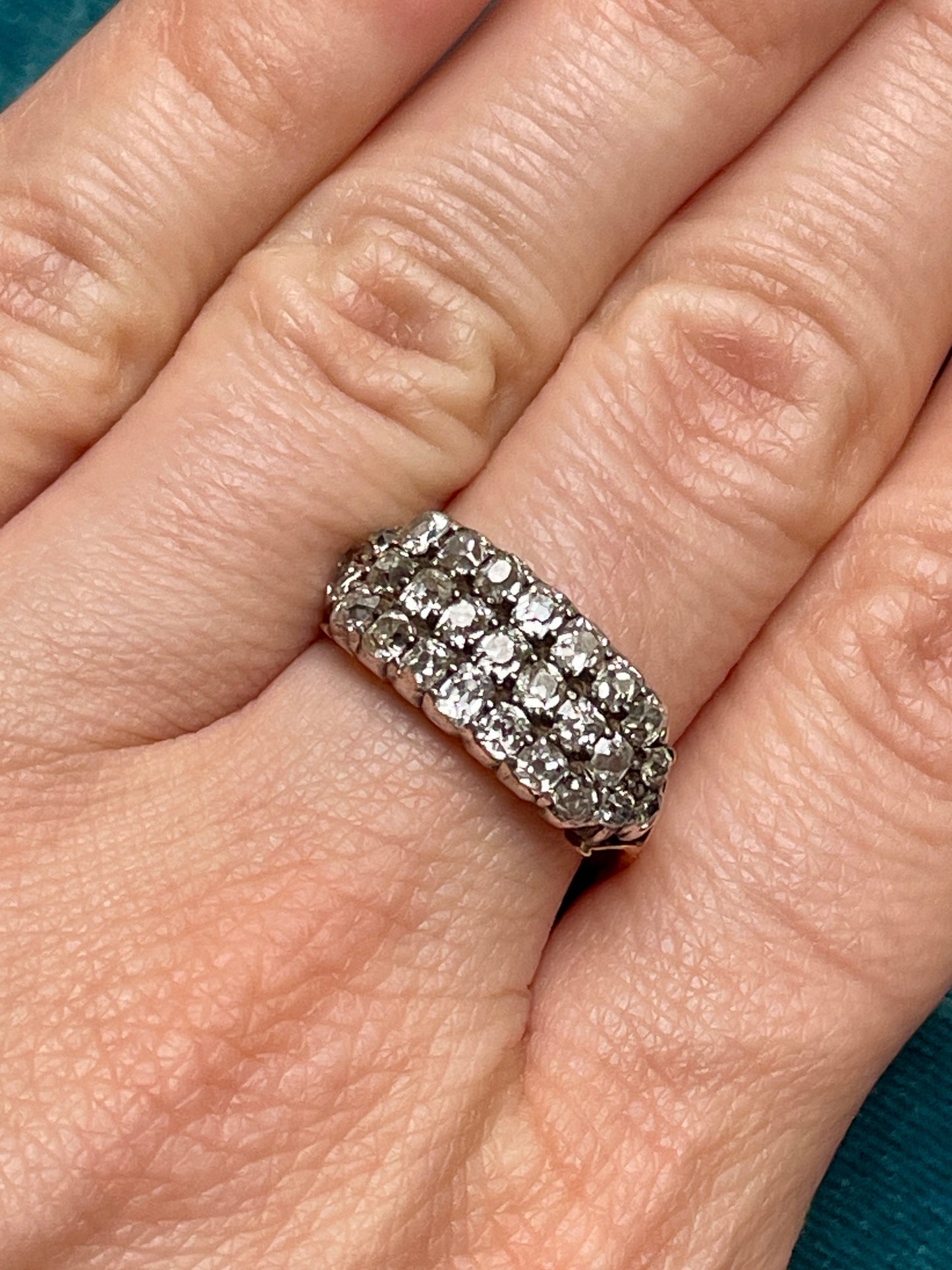 Georgian Three Row Diamond 18k Gold Ring