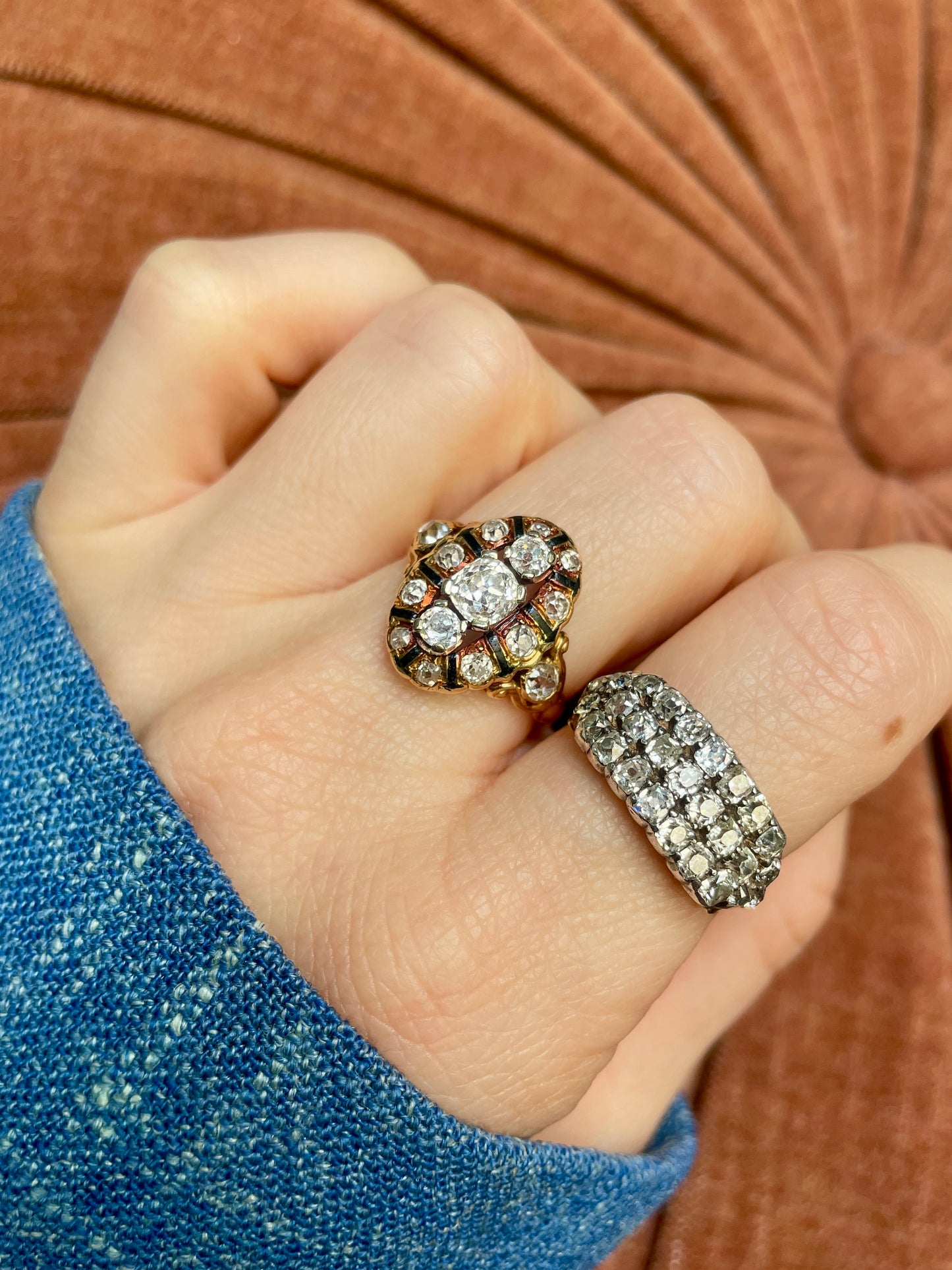 Georgian Three Row Diamond 18k Gold Ring