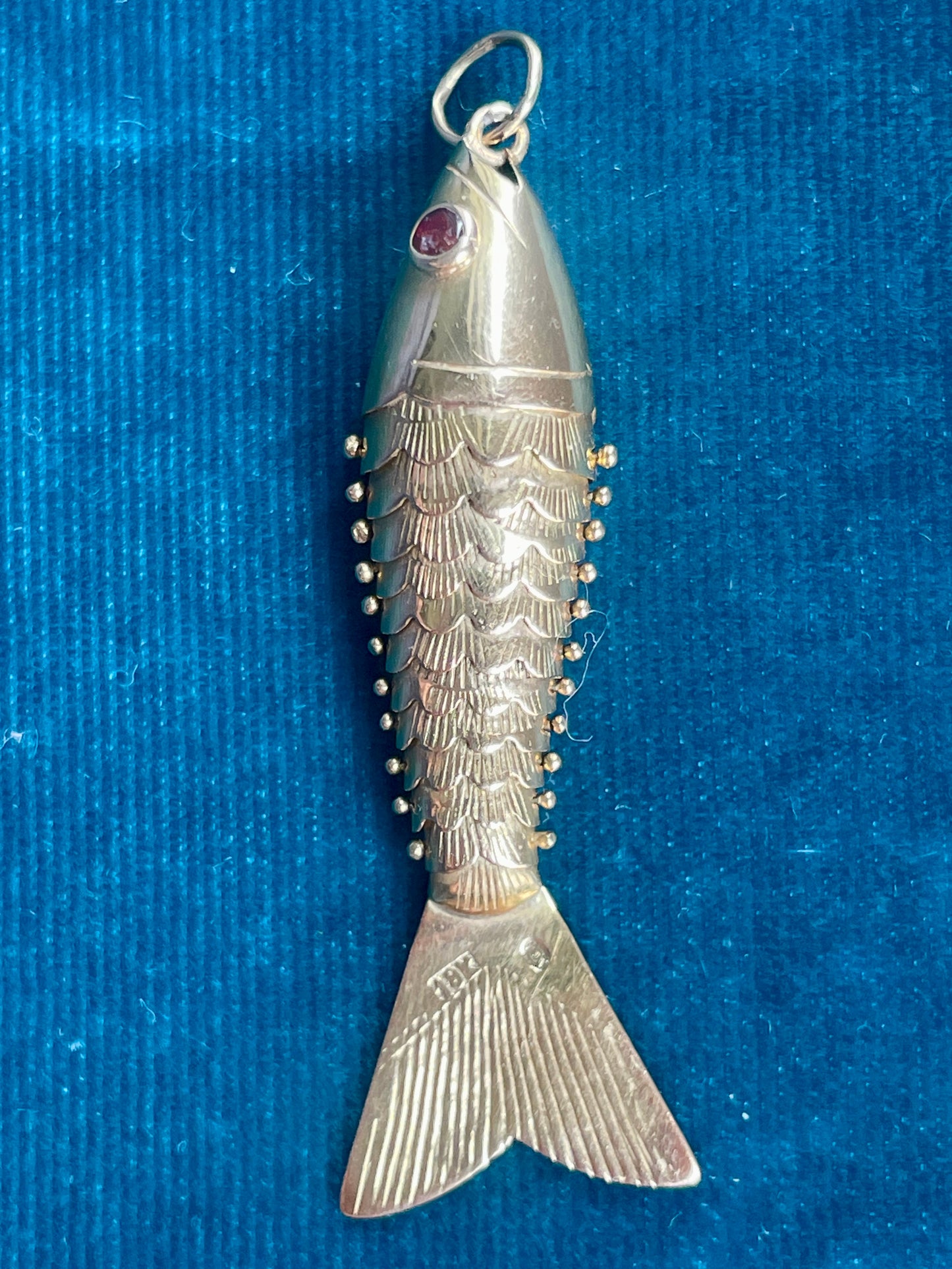 Mid-Century Articulated Fish Ruby 18k Gold Charm