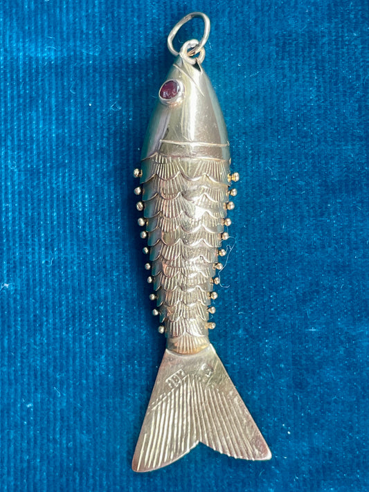 Mid-Century Articulated Fish Ruby 18k Gold Charm