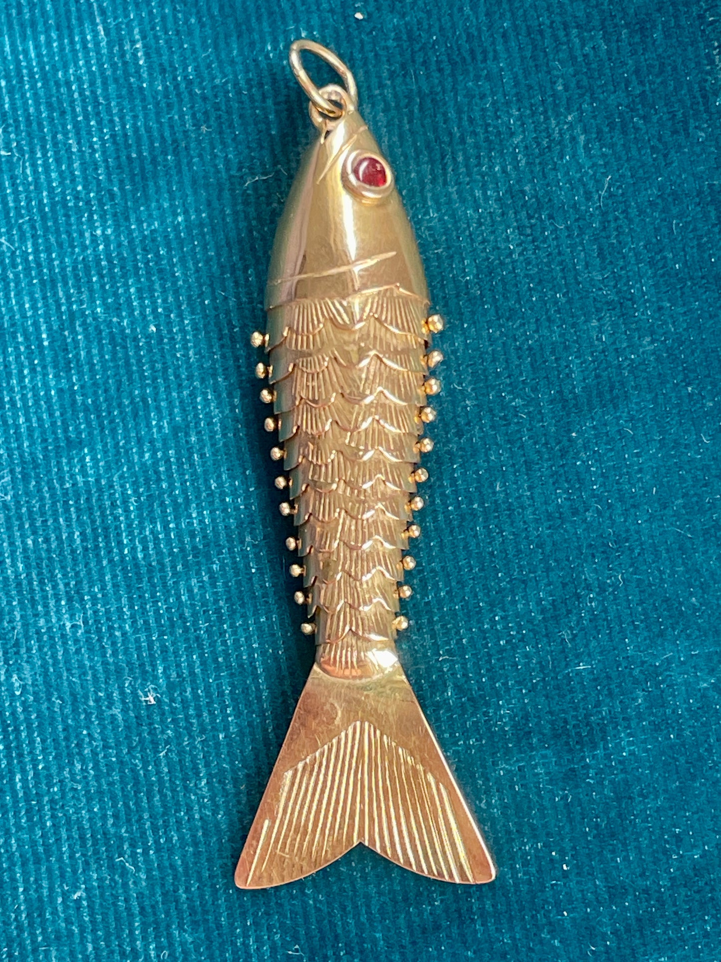 Mid-Century Articulated Fish Ruby 18k Gold Charm