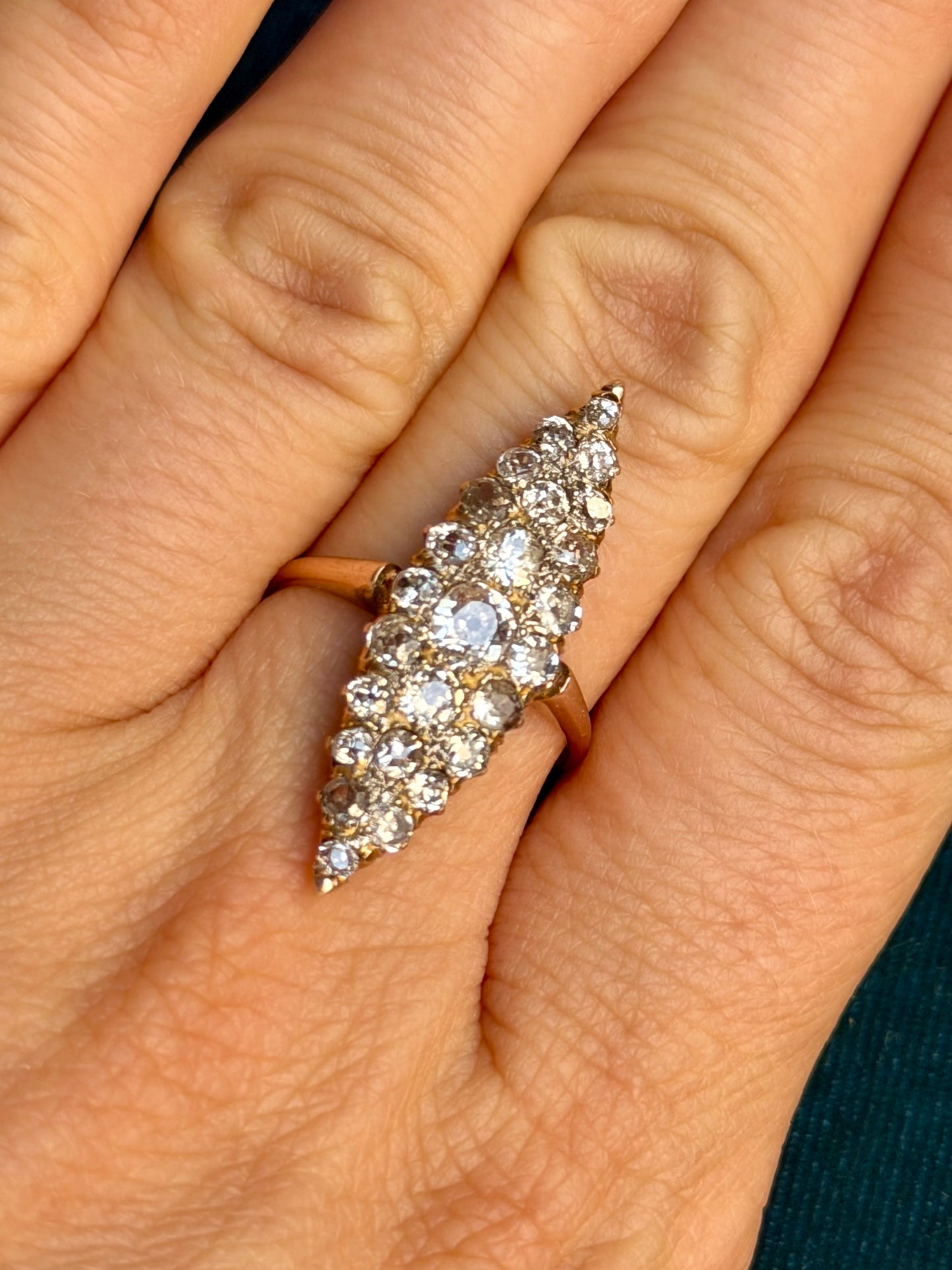 Antique French Pavé Diamond 14k Gold Navette Ring