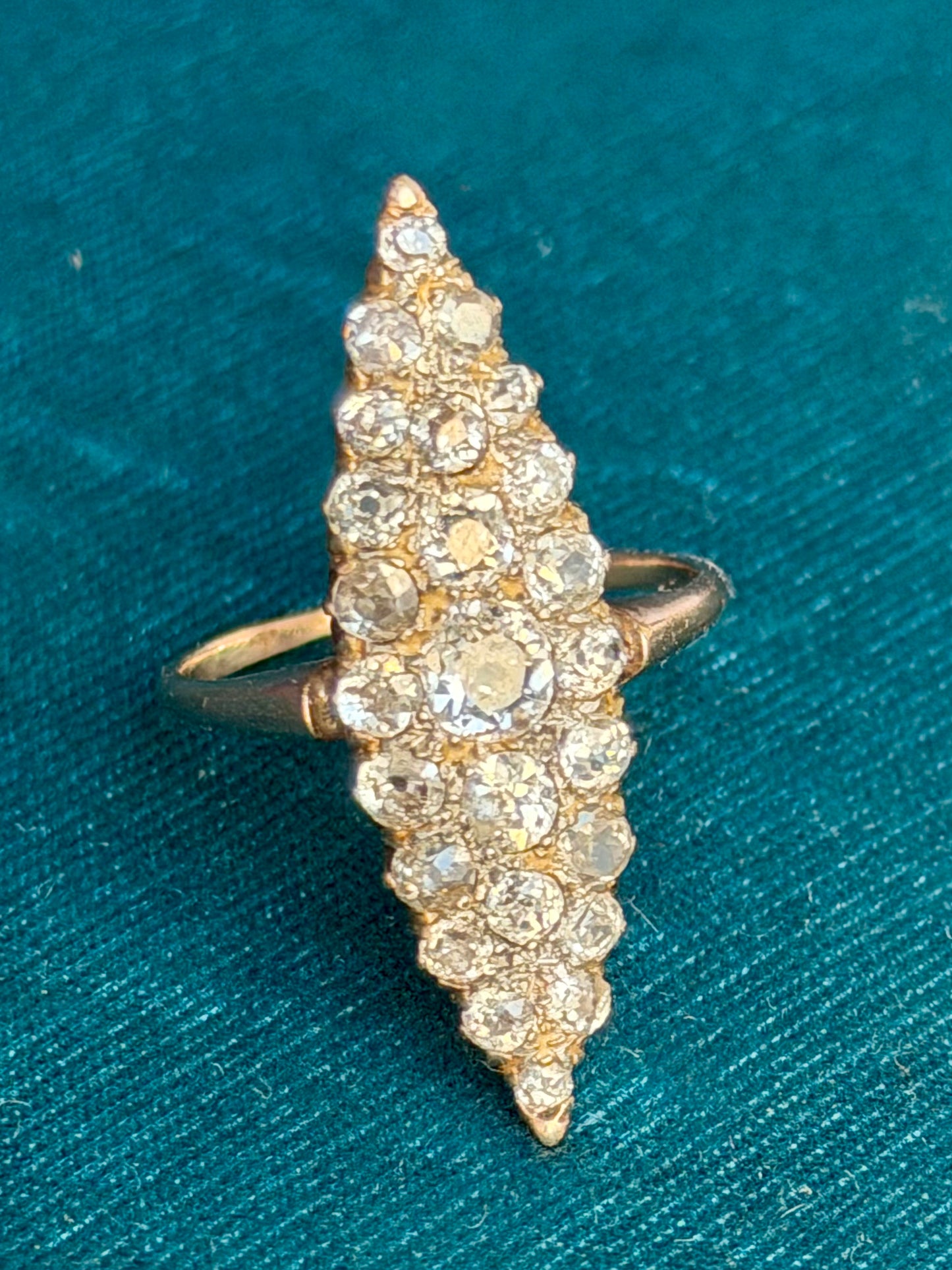Antique French Pavé Diamond 14k Gold Navette Ring